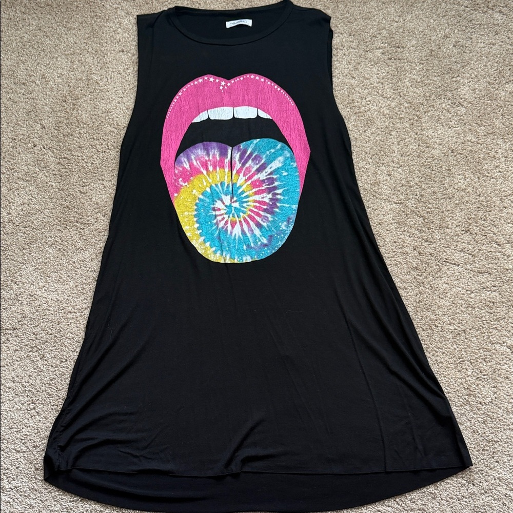 Lauren Moshi Black Tank with Pink Lips and Tie-Dye Tongue